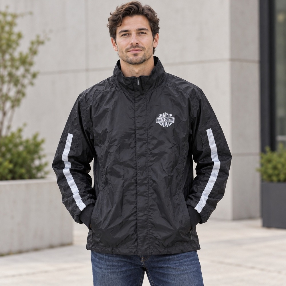 Harley-Davidson Jacket Mens M Black Windbreaker Reflective MotorClothes Biker